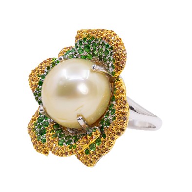  Inel Argint 925, Perla 15 mm, Tsavorite  1.10 ct, Safire Galbene 0.70 ct 3