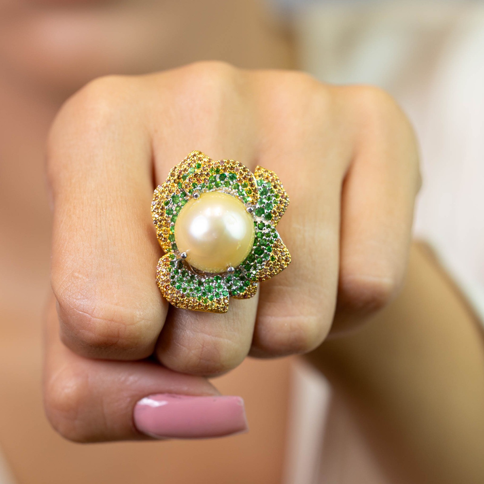  Inel Argint 925, Perla 15 mm, Tsavorite  1.10 ct, Safire Galbene 0.70 ct 4