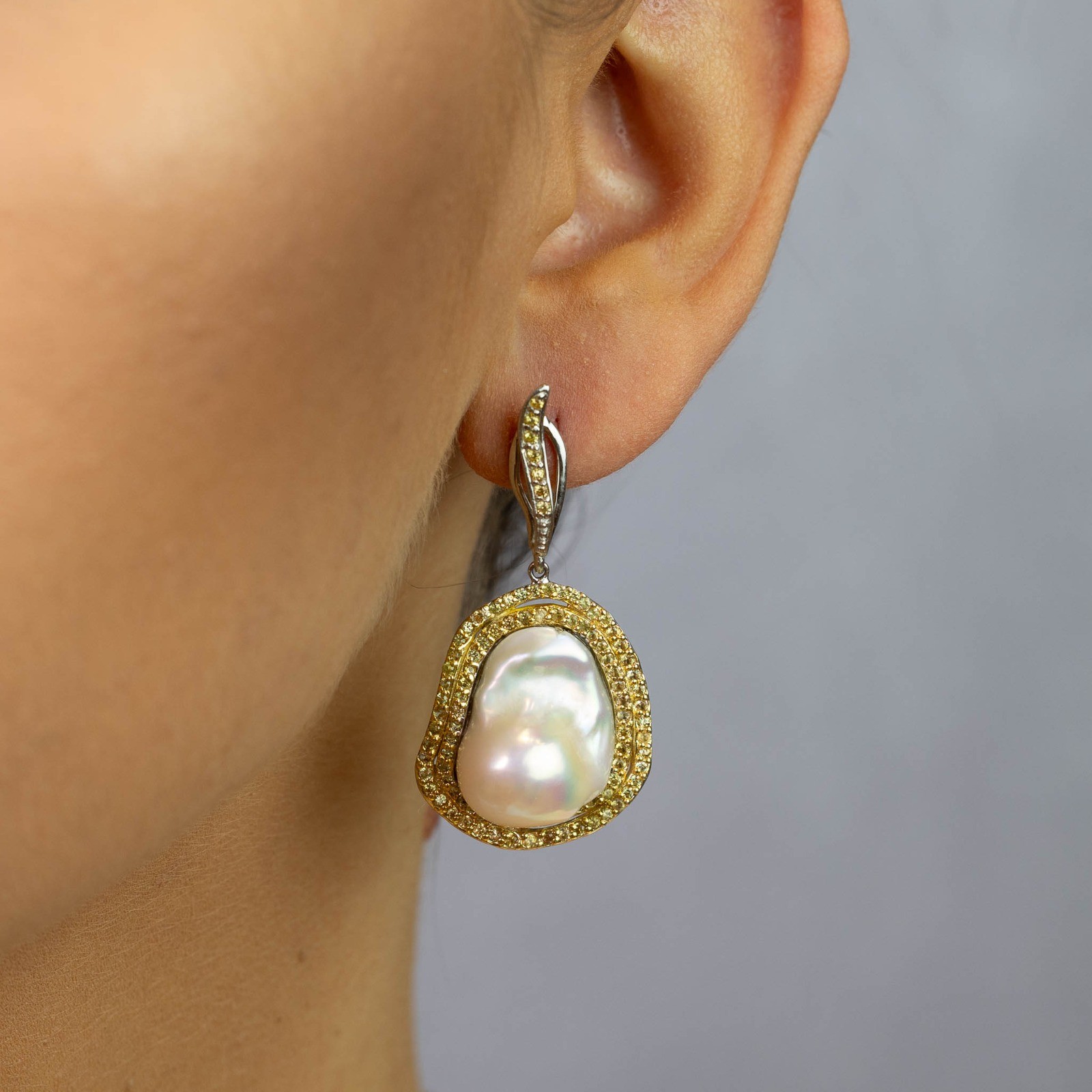  Cercei Argint 925, Perla Baroque, Safire Galbene 2