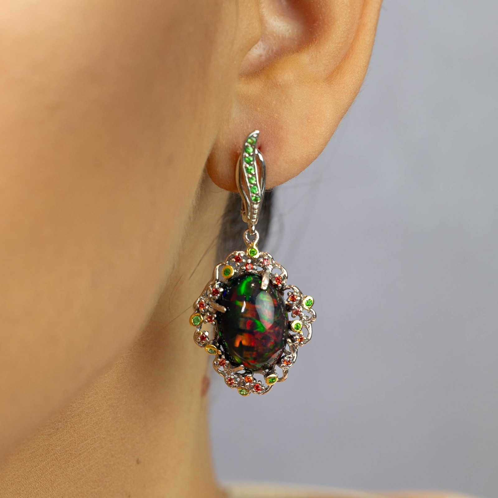  Cercei Argint 925, Opal 20 ct, Safire 0.60 ct, Tsavorite 0.50 ct 2