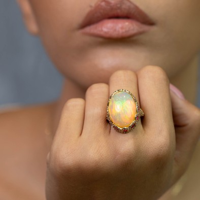 Inel Aur Galben 18k, Opal 20 ct, Rubin 1.42 ct, Diamante Champagne 1.17 ct 2
