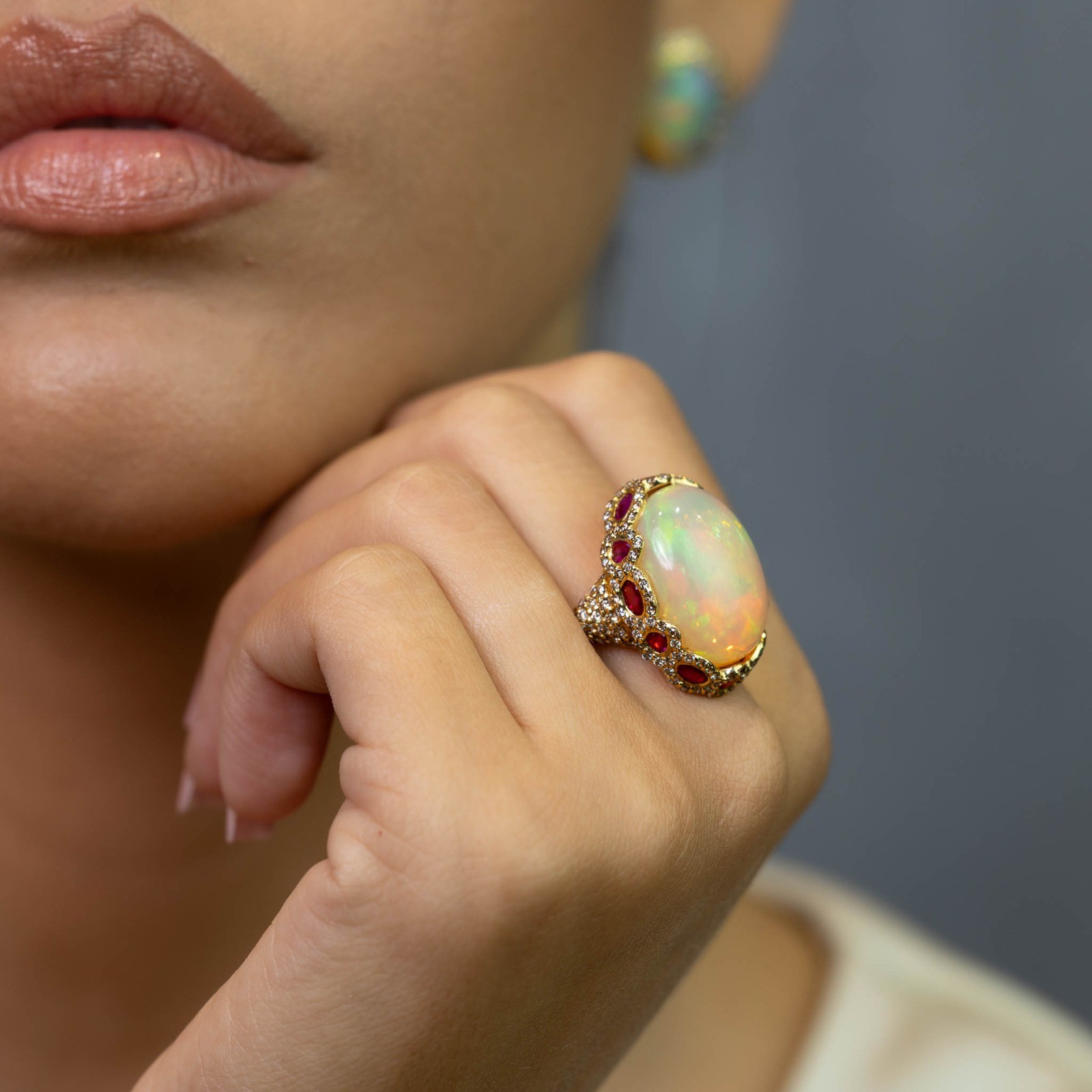 Inel Aur Galben 18k, Opal 20 ct, Rubin 1.42 ct, Diamante Champagne 1.17 ct 4
