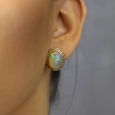  Cercei Aur Galben 18k, Opal 10.80 ct, Diamante Champagne  1.10 ct 2