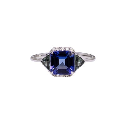  Inel Aur Alb 18K, Tanzanite 1.56 Ct,  Turmalina Verde 0.34 Ct, Diamante 0.06 Ct 1
