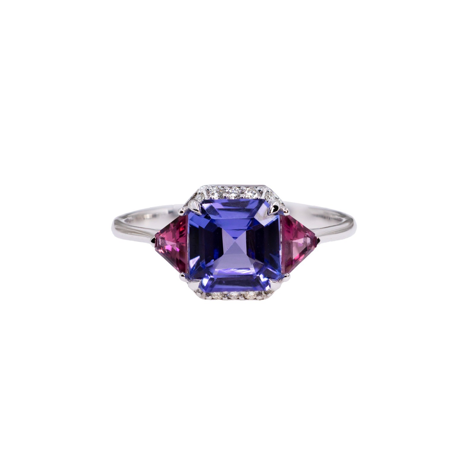  Inel Aur Alb 18K, Tanzanite 1.73 Ct, Turmalina Roz 0.34 Ct, Diamante 0.06 Ct 1
