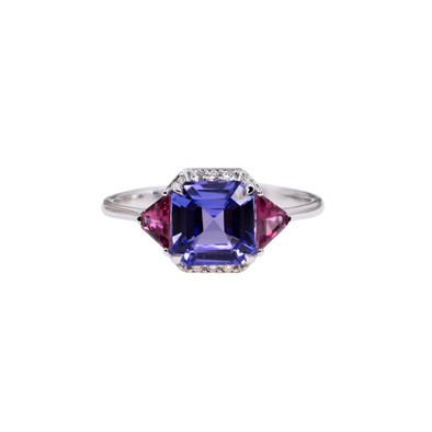 Inel Aur Alb 18K, Tanzanite 1.73 Ct, Turmalina Roz 0.34 Ct, Diamante 0.06 Ct 1