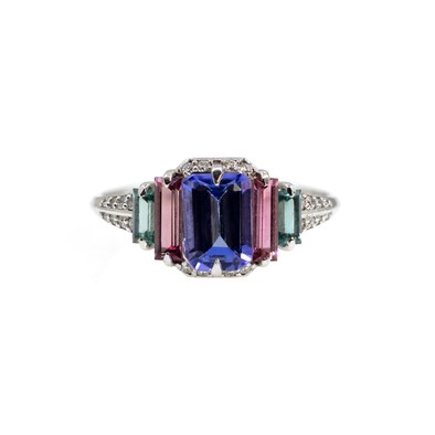  Inel Aur Alb 18K, Tanzanite 1.05 Ct, Turmalina Roz 0.38 Ct, Turmalina Verde 0.25 Ct, Diamante 0.11 Ct 1