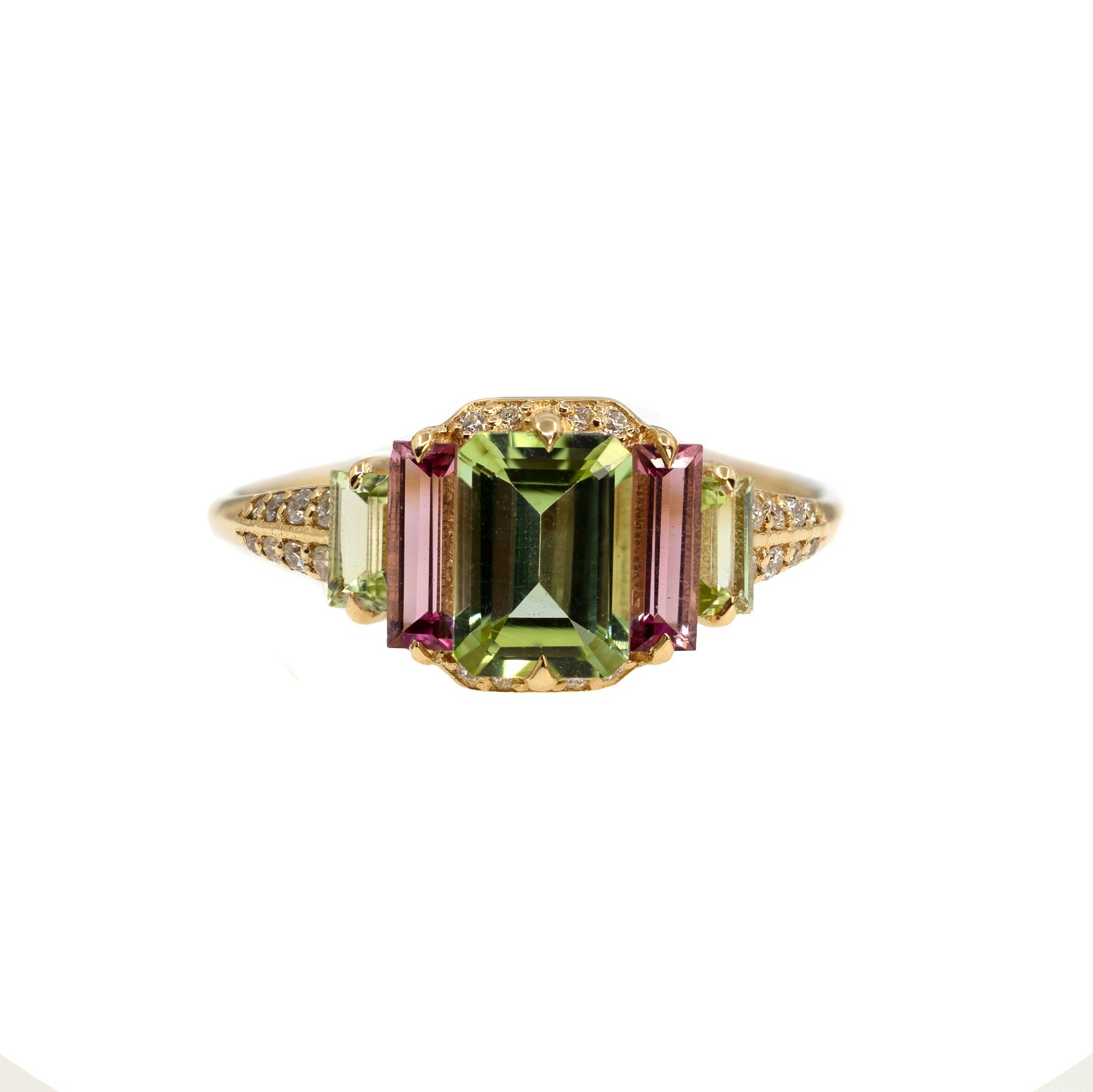  Inel Aur Galben 18K, Turmalina Verde 0.95 Ct, Turmalina Roz 0.38 Ct, Turmalina Verde 0.23 Ct, Diamante 0.12 Ct 1