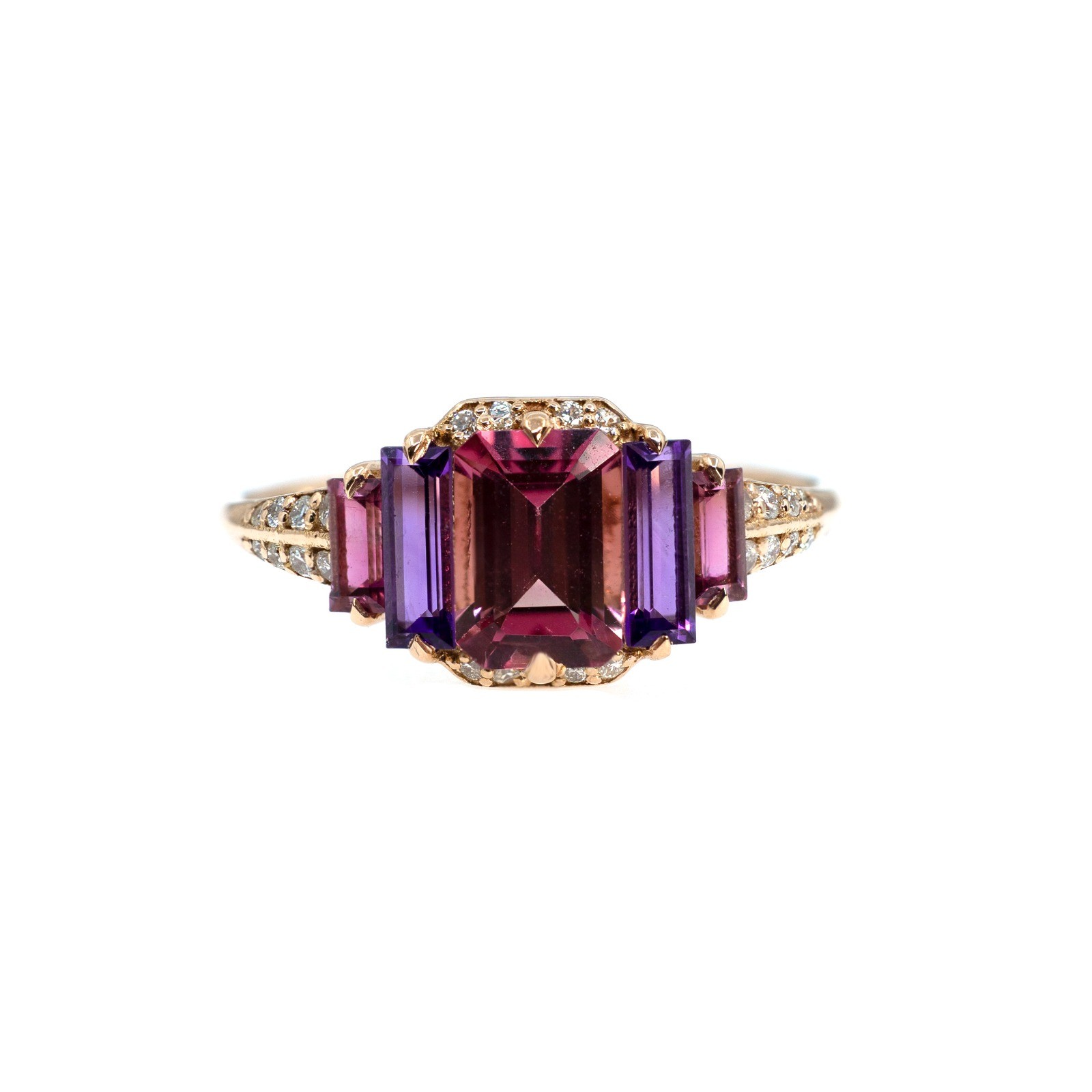  Inel Aur Roz 18K, Turmalina Roz 0.83 Ct, Ametist 0.36 Ct, Turmalina Roz 0.23 Ct, Diamante 0.12 Ct 1