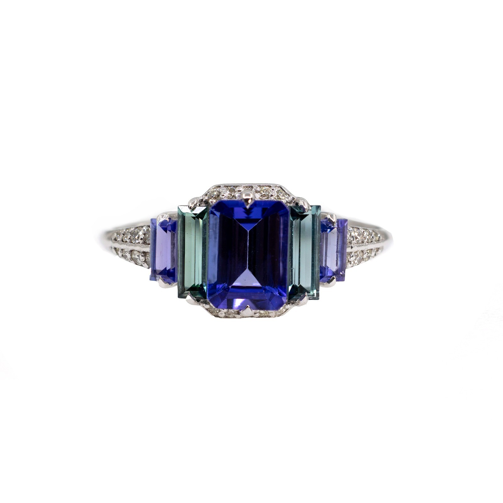  Inel Aur Alb 18K, Tanzanite 0.89 Ct, Turmalina Verde 0.40 Ct, Tanzanite 0.27 Ct, Diamante 0.12 Ct 1