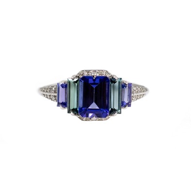 Inel Aur Alb 18K, Tanzanite 0.89 Ct, Turmalina Verde 0.40 Ct, Tanzanite 0.27 Ct, Diamante 0.12 Ct 1