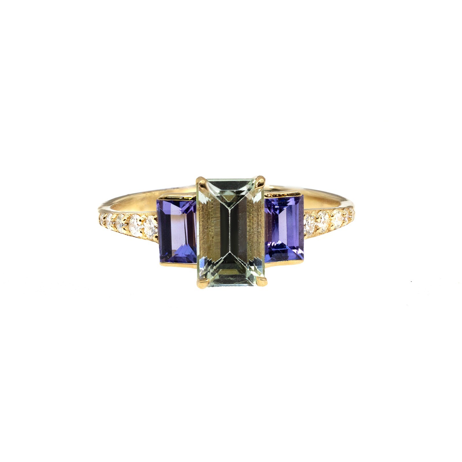  Inel Aur Galben 18K, Turmalina Verde 1.38 Ct, Tanzanite 0.70 Ct, Diamante 0.14 Ct 1