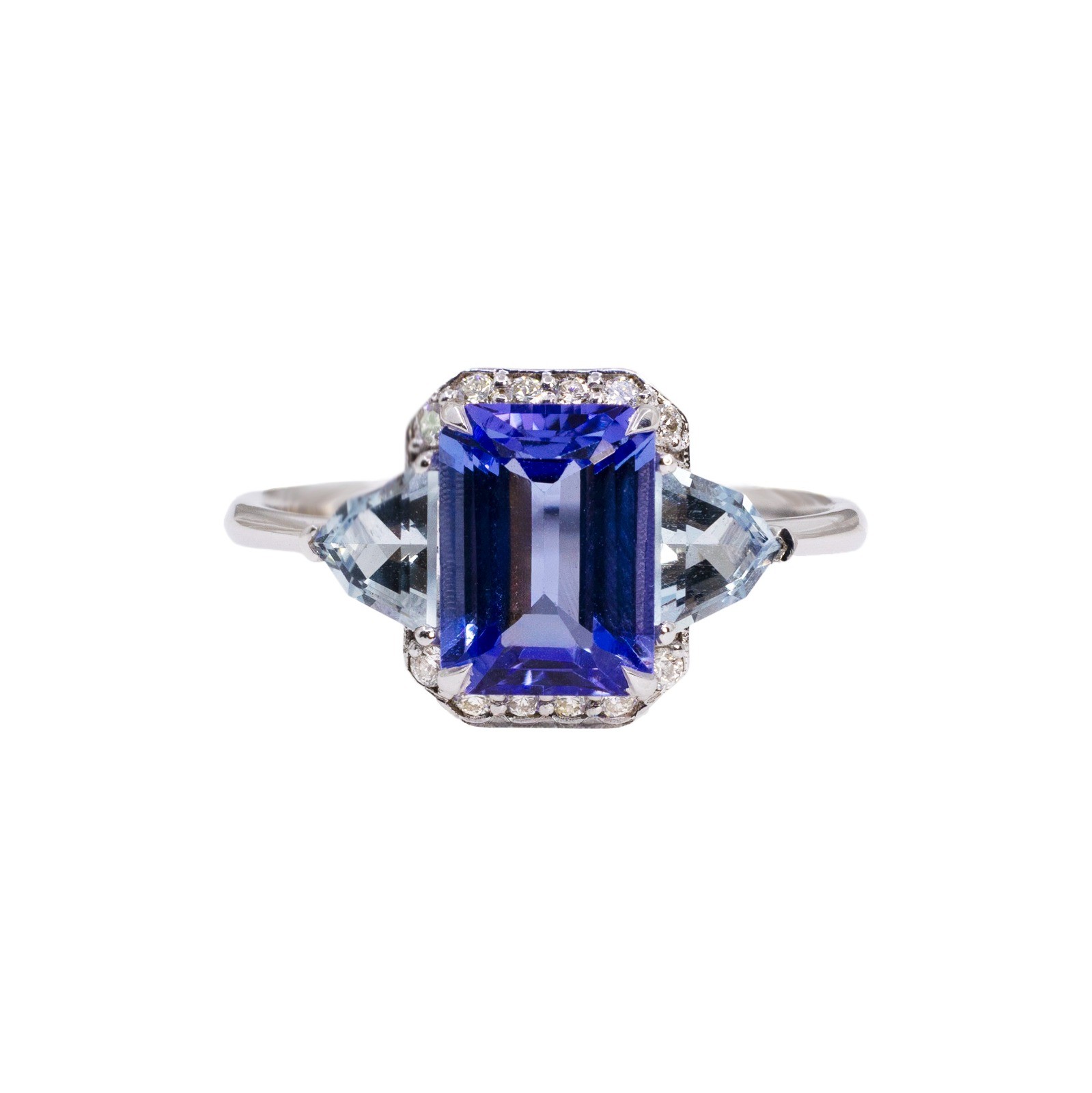 Inel Aur Alb 18K, Tanzanite 1.70 Ct, Aquamarine 0.54 Ct, Diamante 0.09 Ct 1