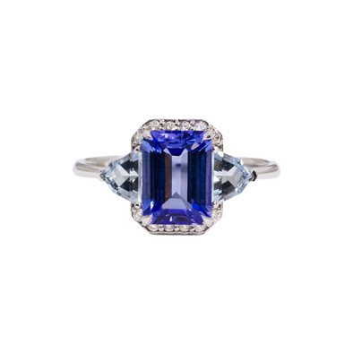  Inel Aur Alb 18K, Tanzanite 1.70 Ct, Aquamarine 0.54 Ct, Diamante 0.09 Ct 1