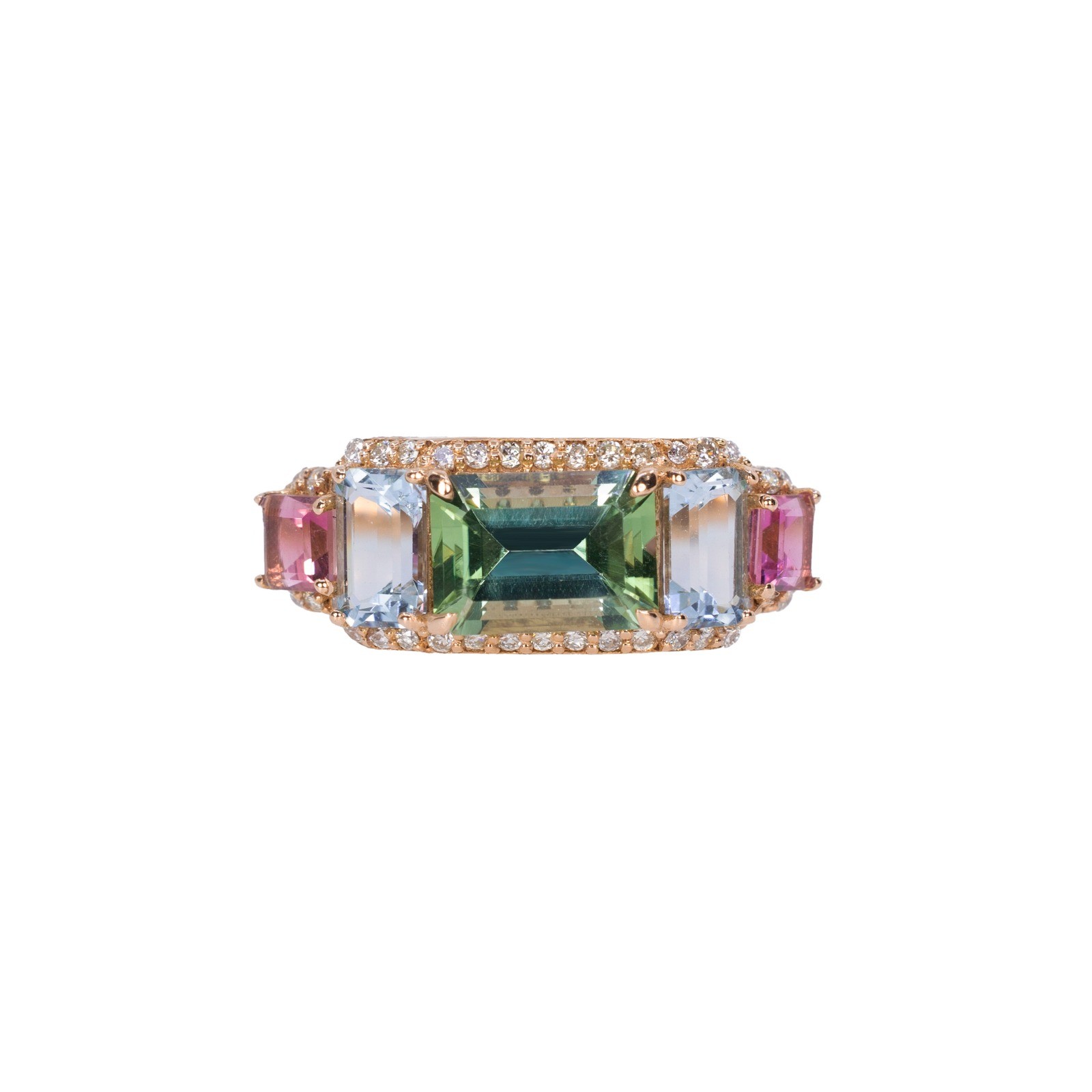  Inel Aur Roz 18K, Turmalina Verde 1.03 Ct, Aquamarine 0.53 Ct,  Turmalina Roz 0.30 Ct,  Diamante 0.14 Ct 1