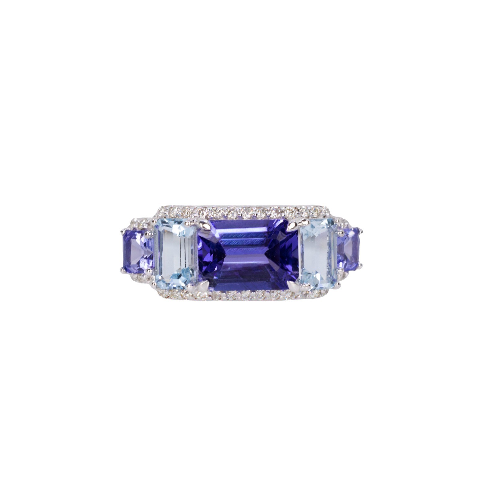  Inel Aur Alb 18K, Tanzanite 1.20 Ct, Aquamarine 0.51 Ct, Tanzanite 0.29 Ct,  Diamante 0.14 Ct 1