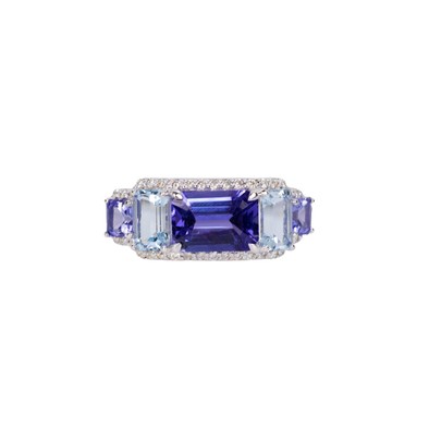  Inel Aur Alb 18K, Tanzanite 1.20 Ct, Aquamarine 0.51 Ct, Tanzanite 0.29 Ct,  Diamante 0.14 Ct 1
