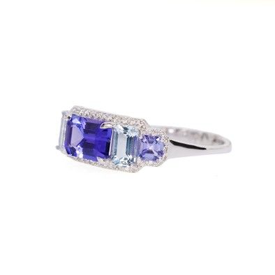  Inel Aur Alb 18K, Tanzanite 1.20 Ct, Aquamarine 0.51 Ct, Tanzanite 0.29 Ct,  Diamante 0.14 Ct 3