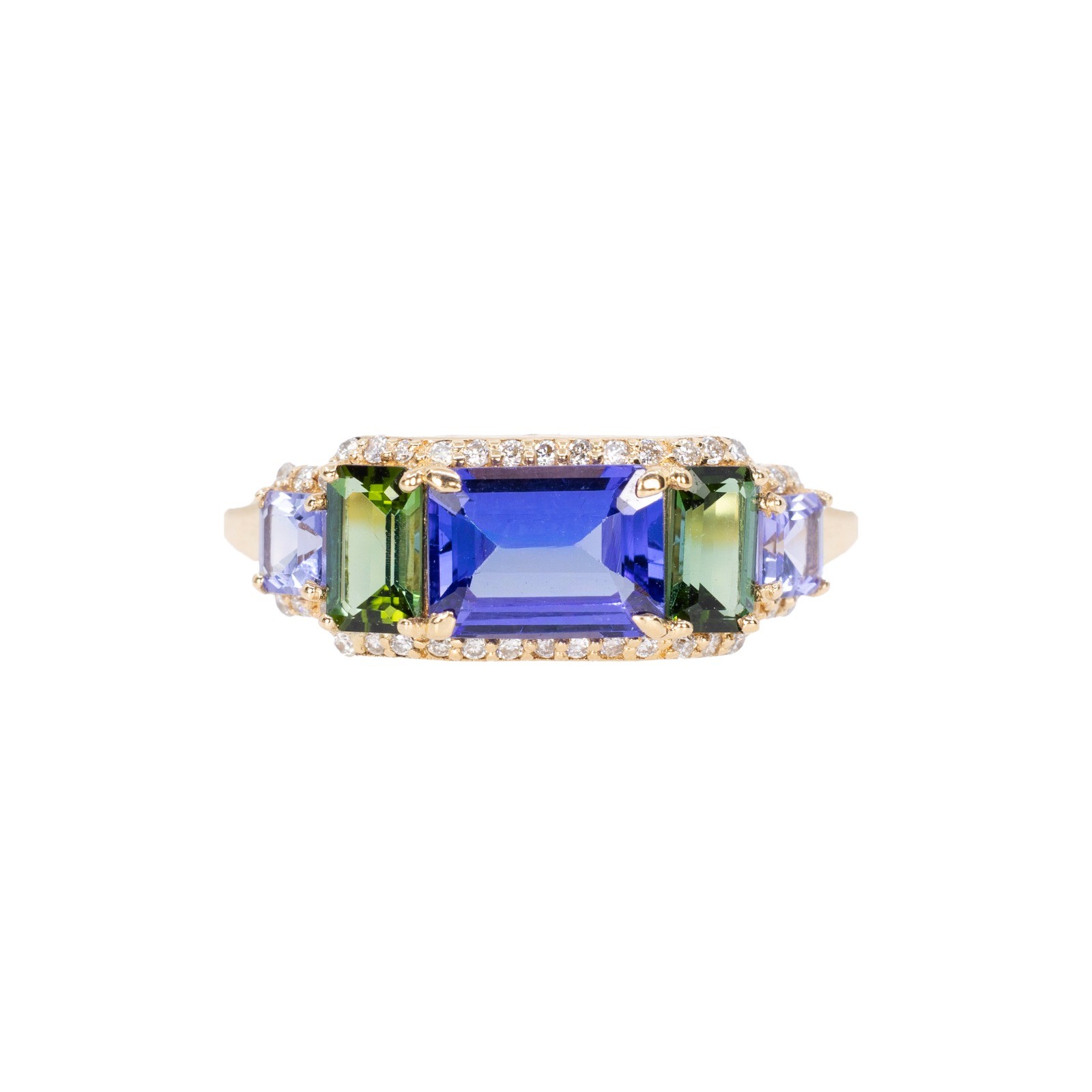  Inel Aur Galben 18K, Tanzanite 0.95 Ct, Turmalina Verde 0.56 Ct,  Tanzanite 0.33 Ct, Diamante 0.14 Ct 1