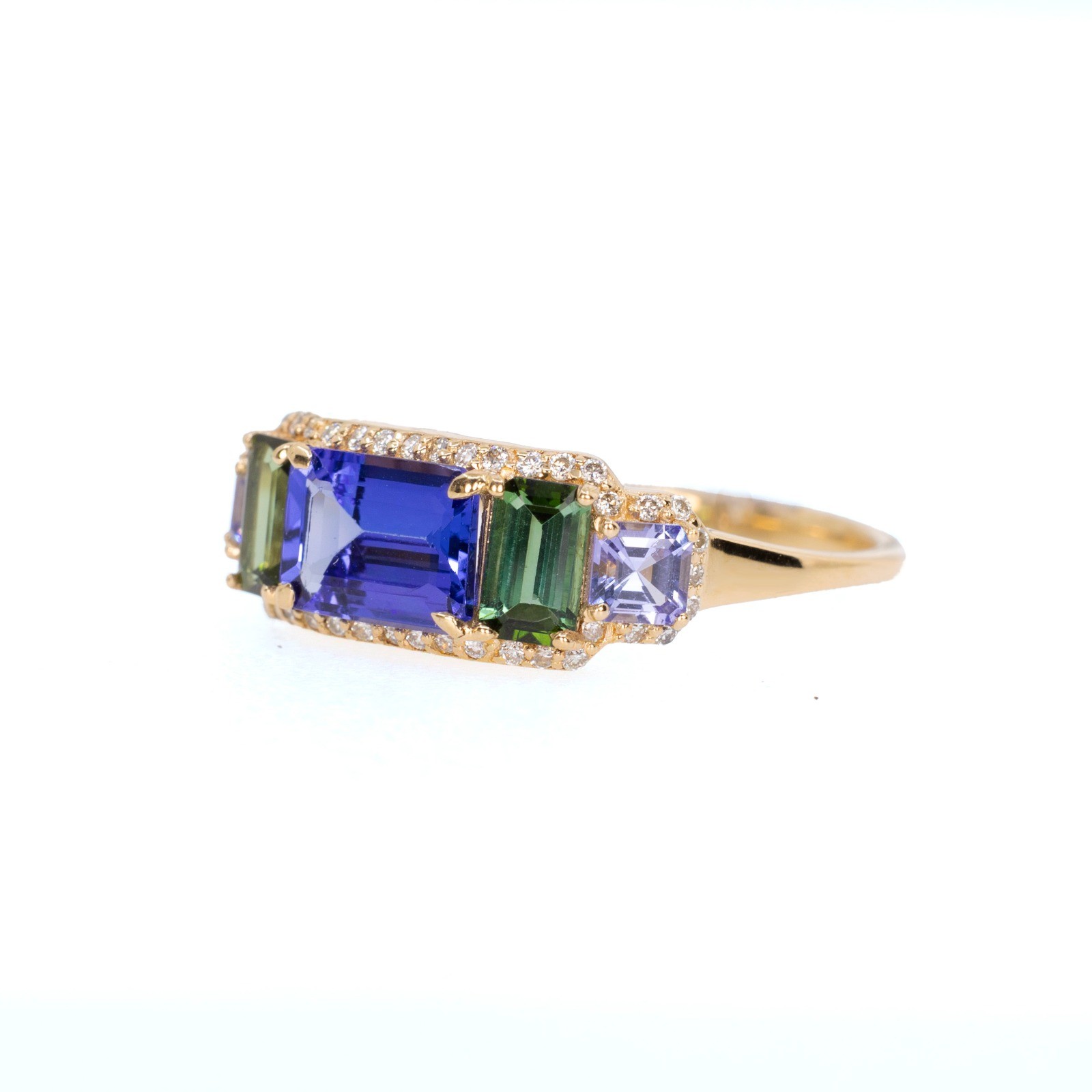  Inel Aur Galben 18K, Tanzanite 0.95 Ct, Turmalina Verde 0.56 Ct,  Tanzanite 0.33 Ct, Diamante 0.14 Ct 3