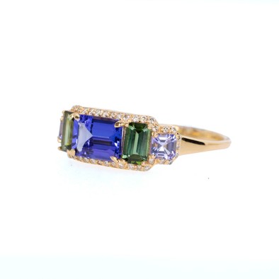  Inel Aur Galben 18K, Tanzanite 0.95 Ct, Turmalina Verde 0.56 Ct,  Tanzanite 0.33 Ct, Diamante 0.14 Ct 3