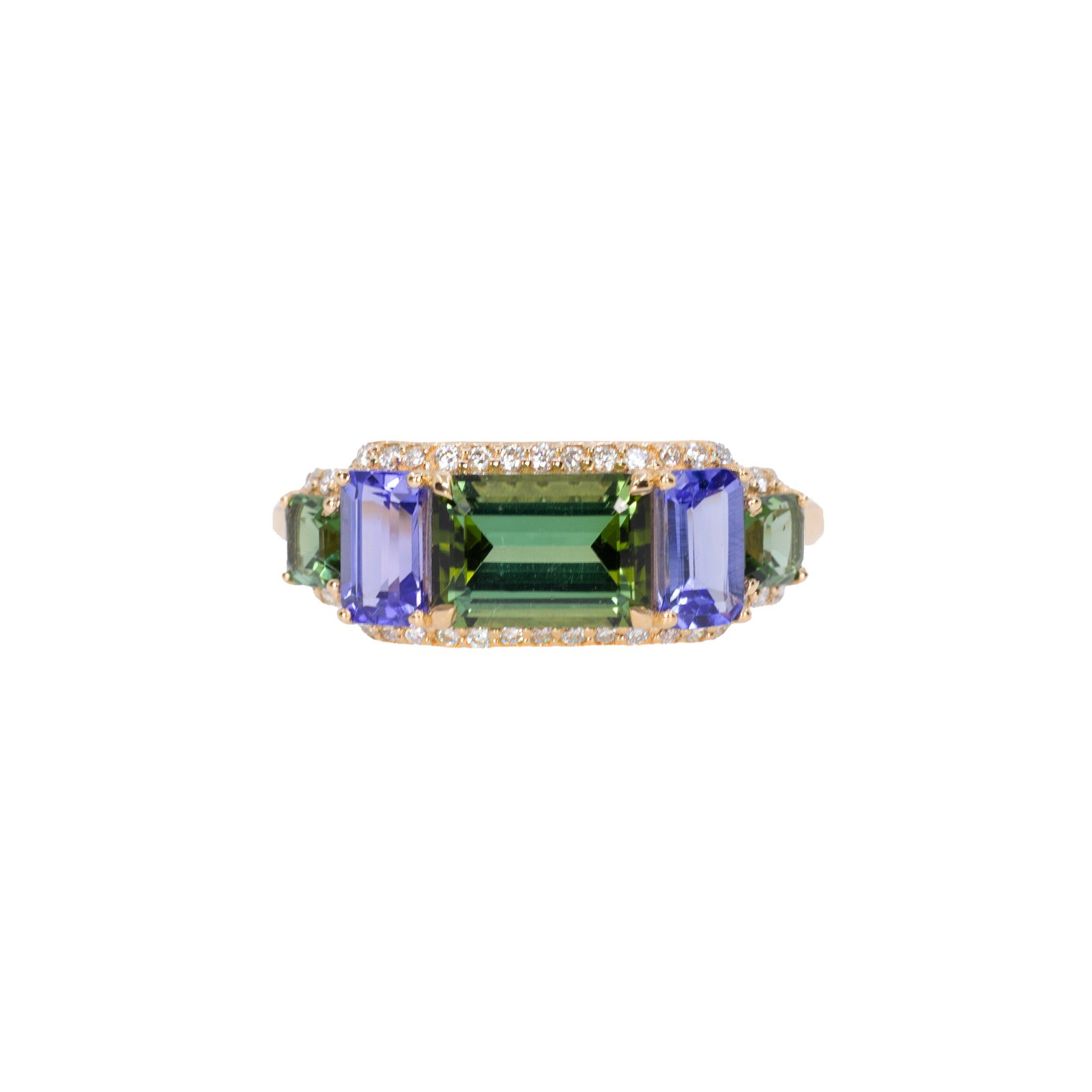  Inel Aur Galben 18K, Turmalina Verde 1.08 Ct, Tanzanite 0.70 Ct, Turmalina Verde 0.31 Ct,  Diamante 0.14 Ct 1