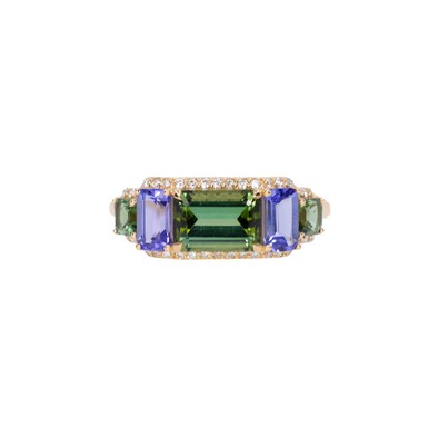  Inel Aur Galben 18K, Turmalina Verde 1.08 Ct, Tanzanite 0.70 Ct, Turmalina Verde 0.31 Ct,  Diamante 0.14 Ct 1