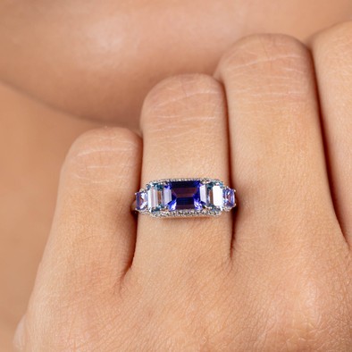  Inel Aur Alb 18K, Tanzanite 1.20 Ct, Aquamarine 0.51 Ct, Tanzanite 0.29 Ct,  Diamante 0.14 Ct 2