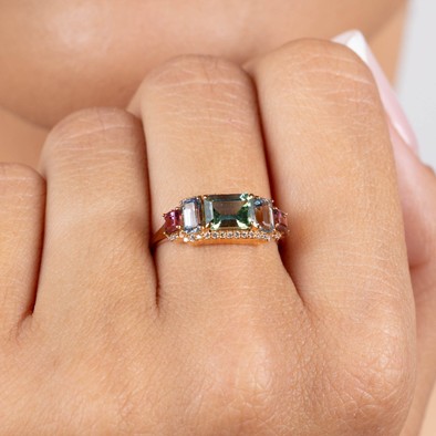  Inel Aur Roz 18K, Turmalina Verde 1.03 Ct, Aquamarine 0.53 Ct,  Turmalina Roz 0.30 Ct,  Diamante 0.14 Ct 2