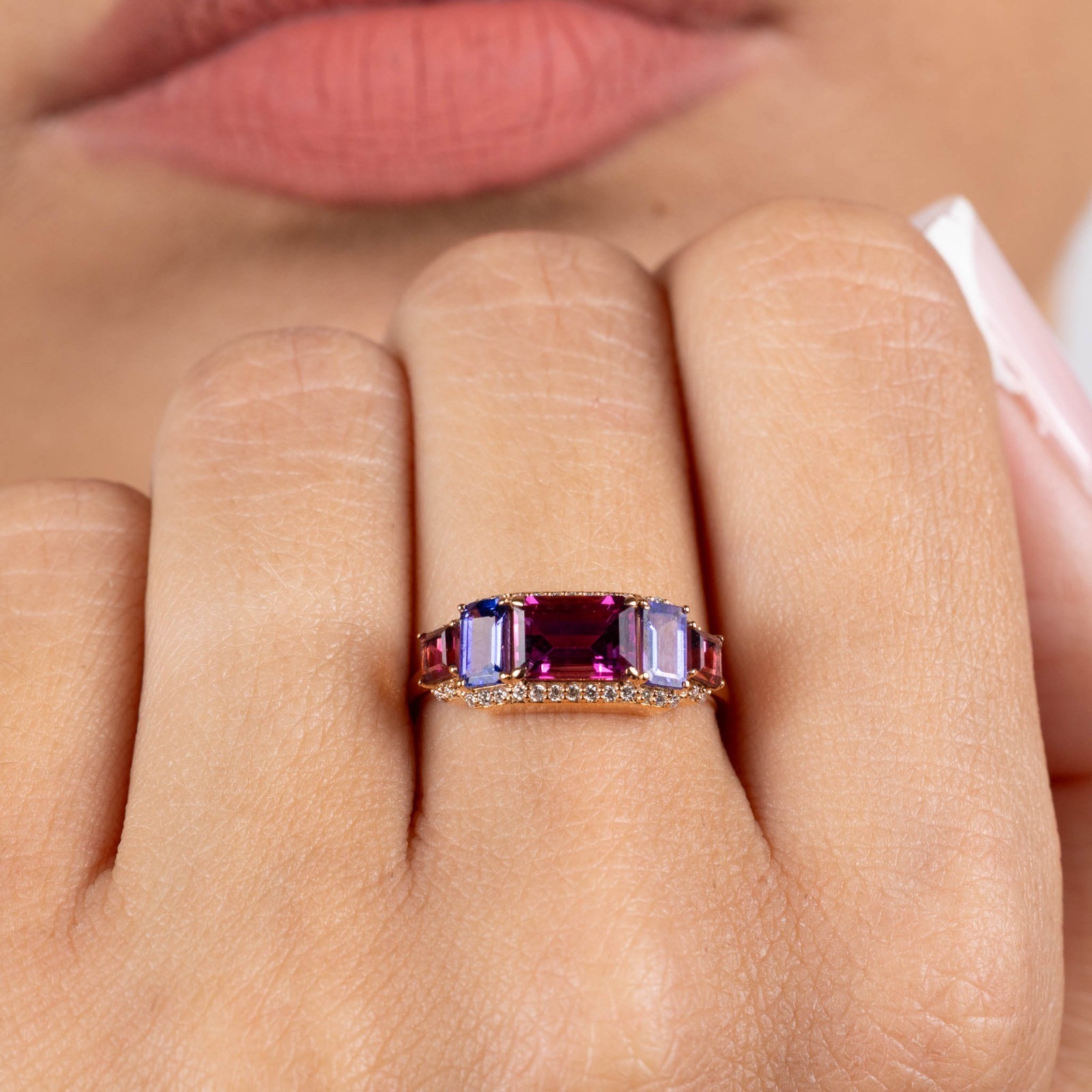  Inel Aur Roz 18K, Turmalina Roz 1.02 Ct, Tanzanite 0.56 Ct, Turmalina Roz 0.35 Ct, Diamante 0.14 Ct 2