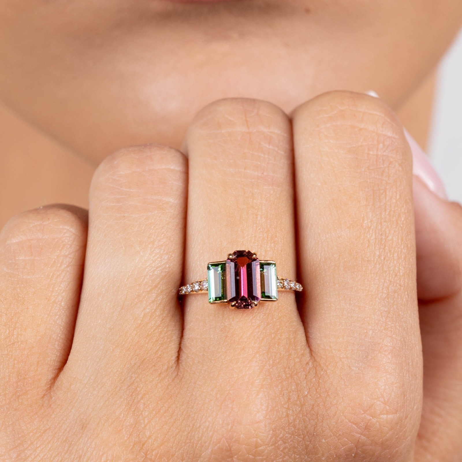  Inel Aur Roz 18K, Turmalina Roz 1.12 Ct, Turmalina Verde 0.65 Ct, Diamante 0.14 Ct 2