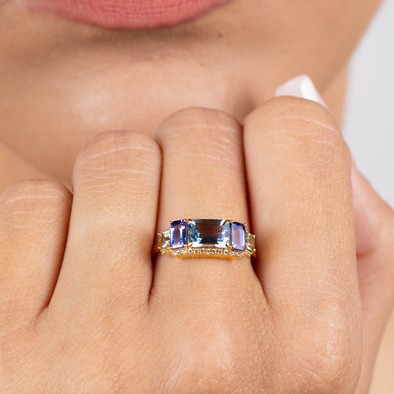  Inel Aur Galben 18K, Aquamarine 0.95 Ct, Tanzanite 0.69 Ct, Turmalina Verde 0.27 Ct, Diamante 0.14 Ct 2