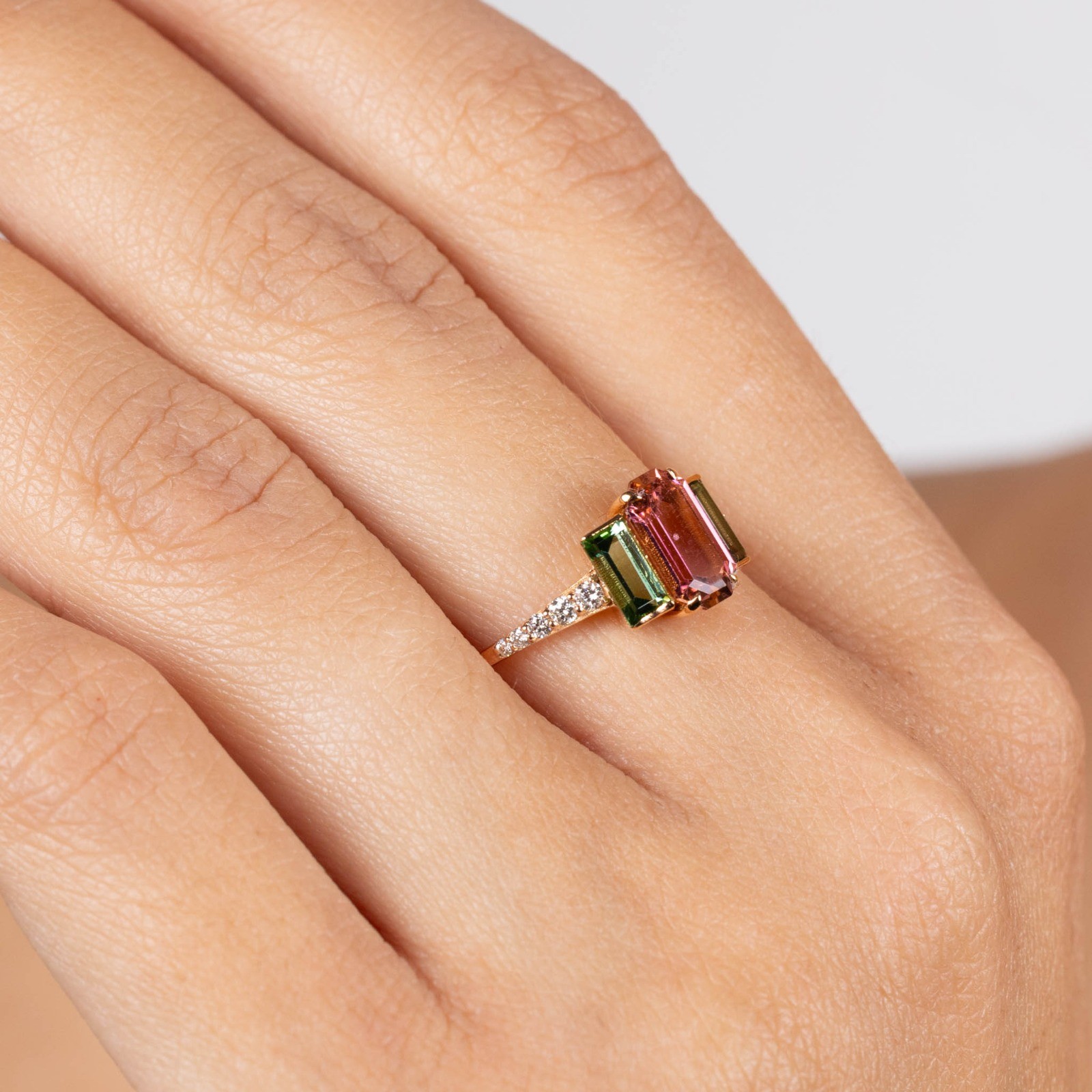  Inel Aur Roz 18K, Turmalina Roz 1.12 Ct, Turmalina Verde 0.65 Ct, Diamante 0.14 Ct 3