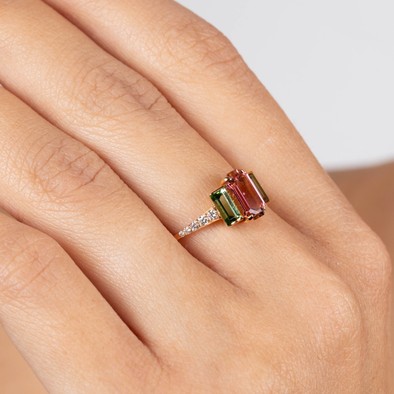  Inel Aur Roz 18K, Turmalina Roz 1.12 Ct, Turmalina Verde 0.65 Ct, Diamante 0.14 Ct 3