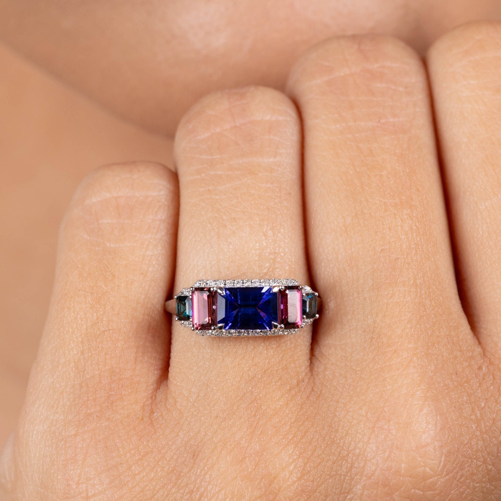  Inel Aur Alb 18K, Tanzanite 0.88 Ct, Turmalina Roz 0.55 Ct, Turmalina Albastra 0.24 Ct, Diamante 0.14 Ct 2