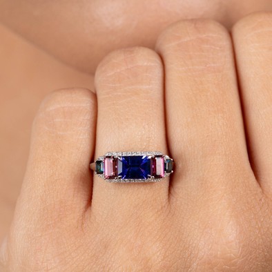  Inel Aur Alb 18K, Tanzanite 0.88 Ct, Turmalina Roz 0.55 Ct, Turmalina Albastra 0.24 Ct, Diamante 0.14 Ct 2