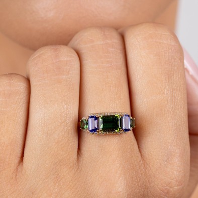  Inel Aur Galben 18K, Turmalina Verde 1.08 Ct, Tanzanite 0.70 Ct, Turmalina Verde 0.31 Ct,  Diamante 0.14 Ct 2