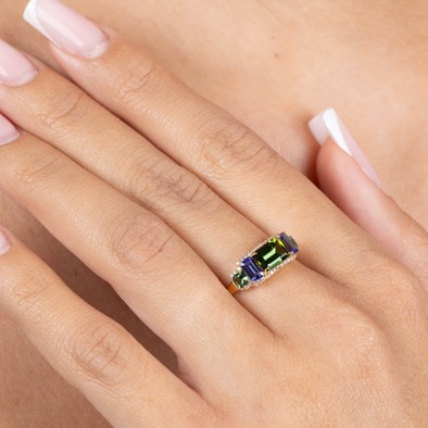  Inel Aur Galben 18K, Turmalina Verde 1.08 Ct, Tanzanite 0.70 Ct, Turmalina Verde 0.31 Ct,  Diamante 0.14 Ct 4