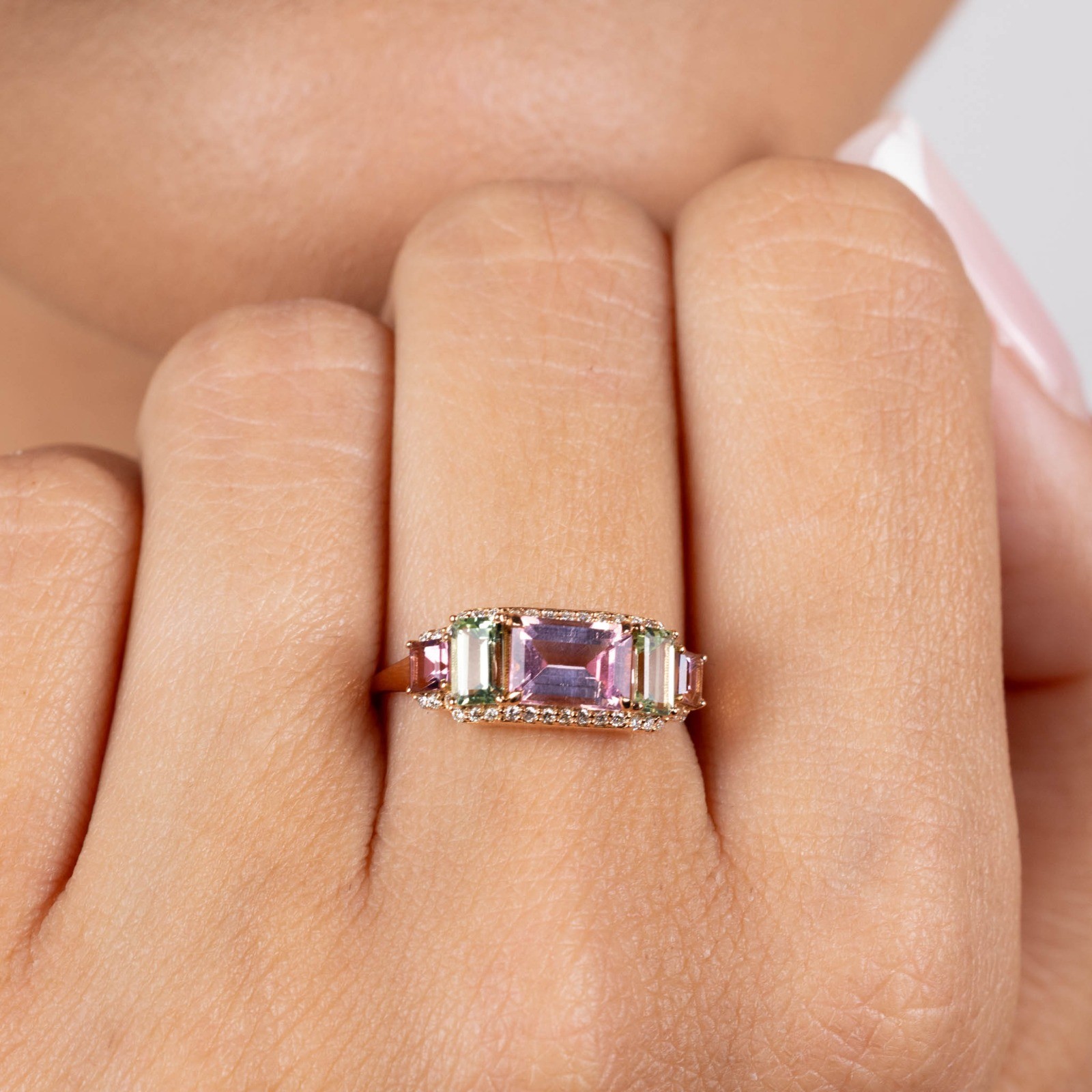  Inel Aur Roz 18K, Turmalina Roz 1.02 Ct, Turmalina Verde 0.58 Ct, Turmalina Roz  0.29 Ct, Diamante 0.14 Ct 2