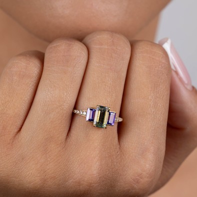  Inel Aur Galben 18K, Turmalina Verde 1.38 Ct, Tanzanite 0.70 Ct, Diamante 0.14 Ct 2