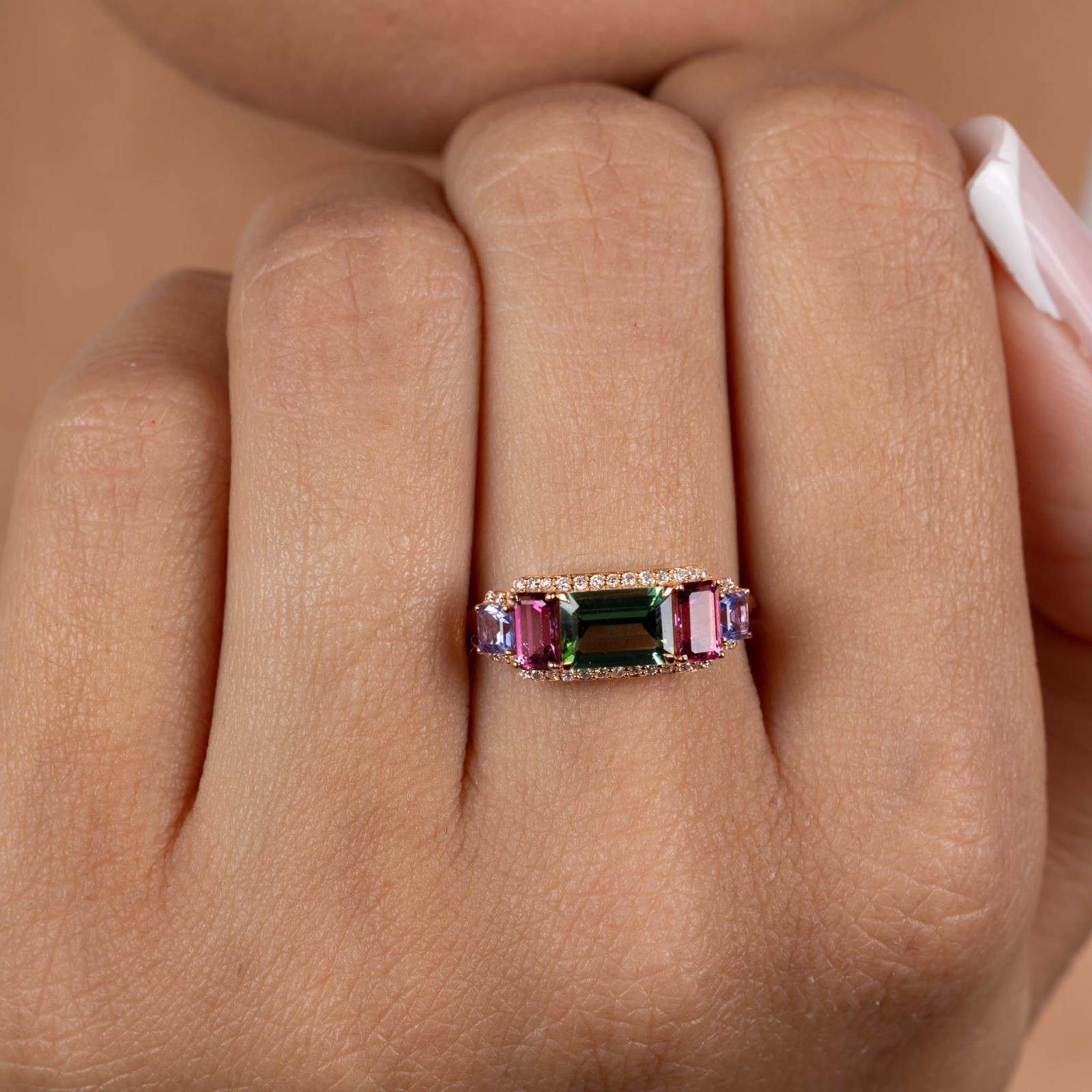  Inel Aur Roz 18K, Turmalina Verde 0.91 Ct, Turmalina Roz 0.57 Ct, Tanzanite 0.35 Ct, Diamante 0.14 Ct 2