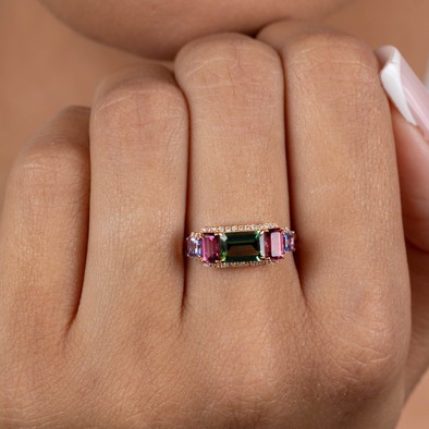  Inel Aur Roz 18K, Turmalina Verde 0.91 Ct, Turmalina Roz 0.57 Ct, Tanzanite 0.35 Ct, Diamante 0.14 Ct 2