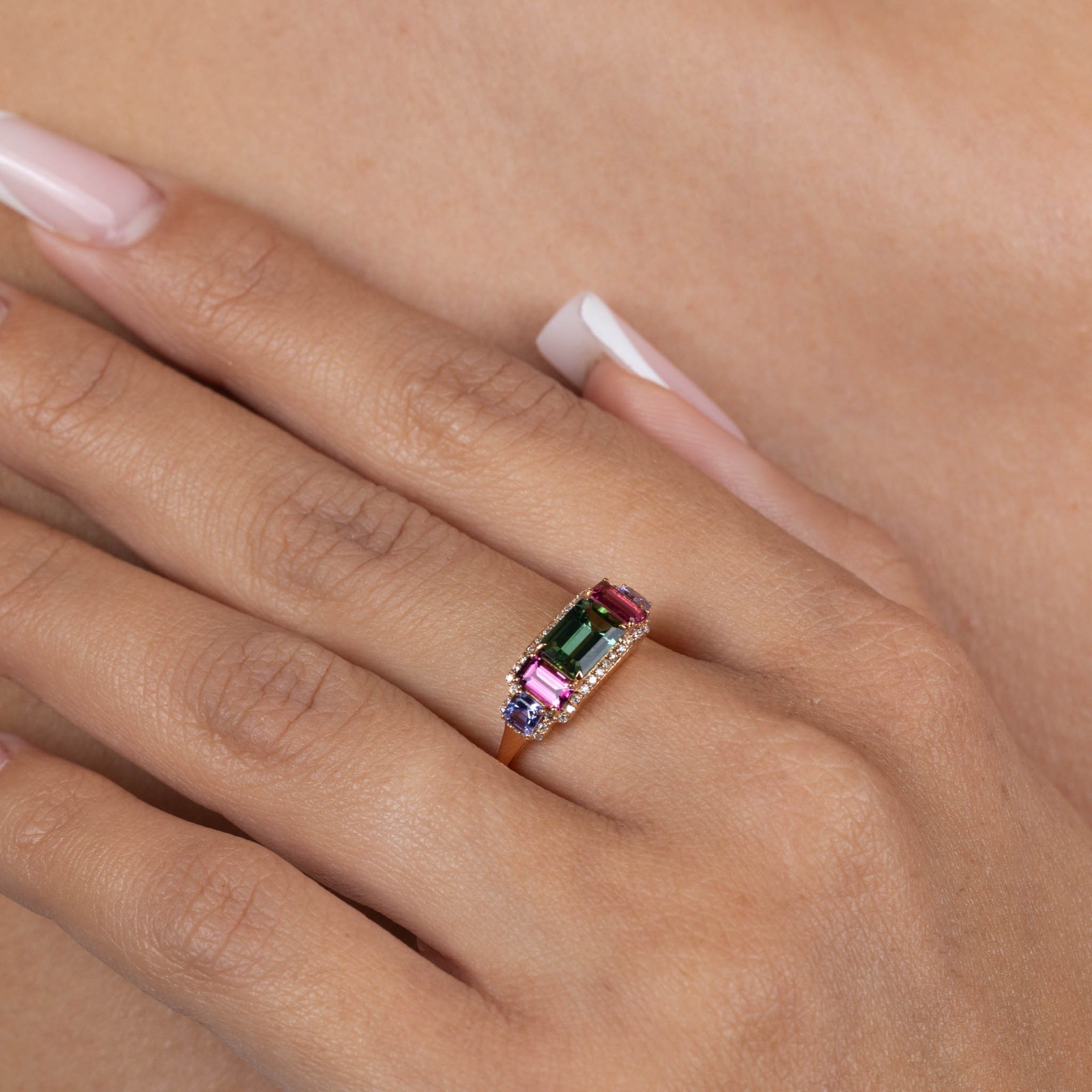  Inel Aur Roz 18K, Turmalina Verde 0.91 Ct, Turmalina Roz 0.57 Ct, Tanzanite 0.35 Ct, Diamante 0.14 Ct 4