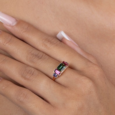  Inel Aur Roz 18K, Turmalina Verde 0.91 Ct, Turmalina Roz 0.57 Ct, Tanzanite 0.35 Ct, Diamante 0.14 Ct 4
