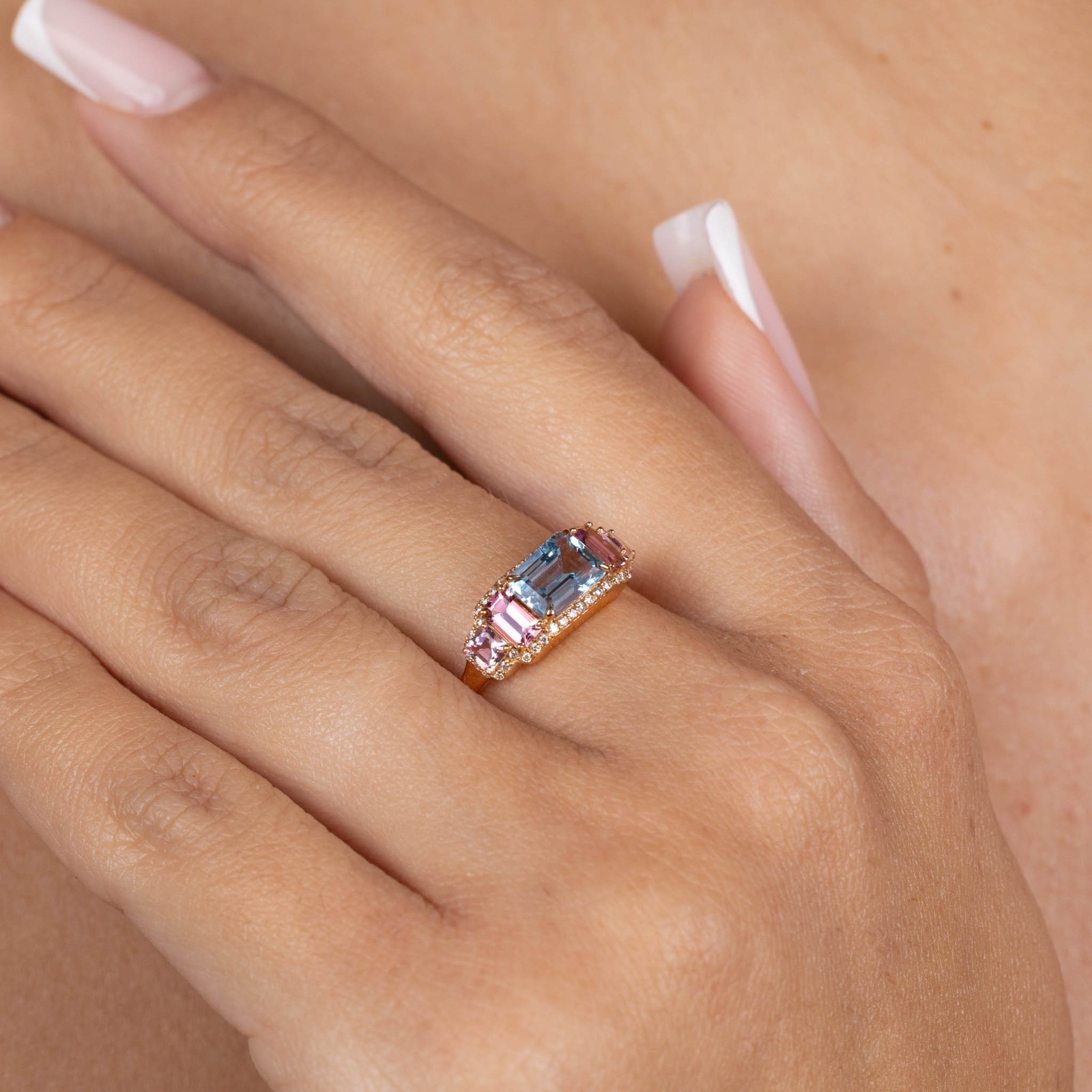  Inel Aur Roz 18K, Aquamarine 0.98 Ct, Turmalina Roz 0.75 Ct, Diamante 0.14 Ct 2