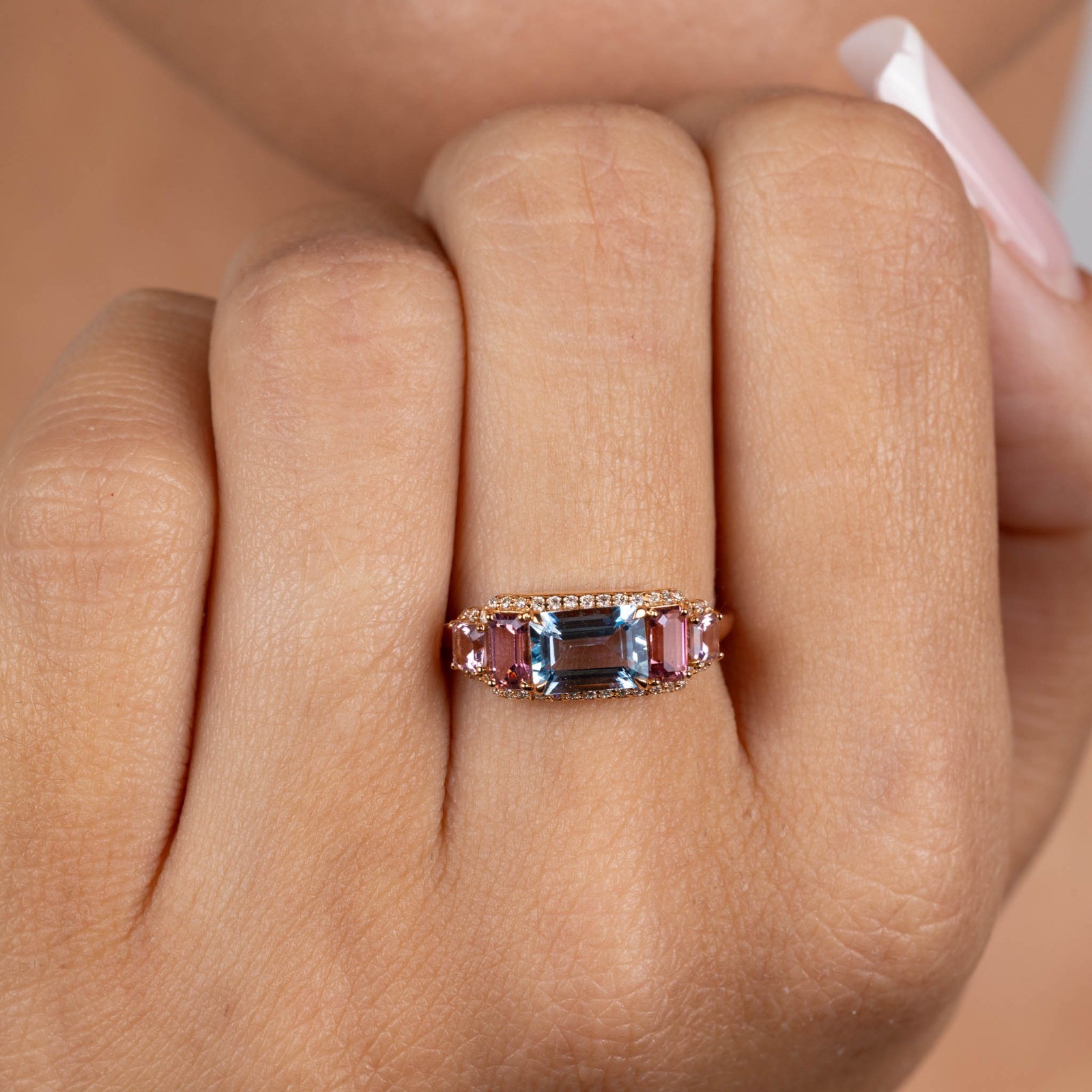  Inel Aur Roz 18K, Aquamarine 0.98 Ct, Turmalina Roz 0.75 Ct, Diamante 0.14 Ct 4