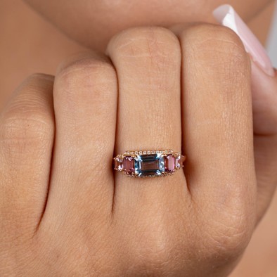  Inel Aur Roz 18K, Aquamarine 0.98 Ct, Turmalina Roz 0.75 Ct, Diamante 0.14 Ct 4