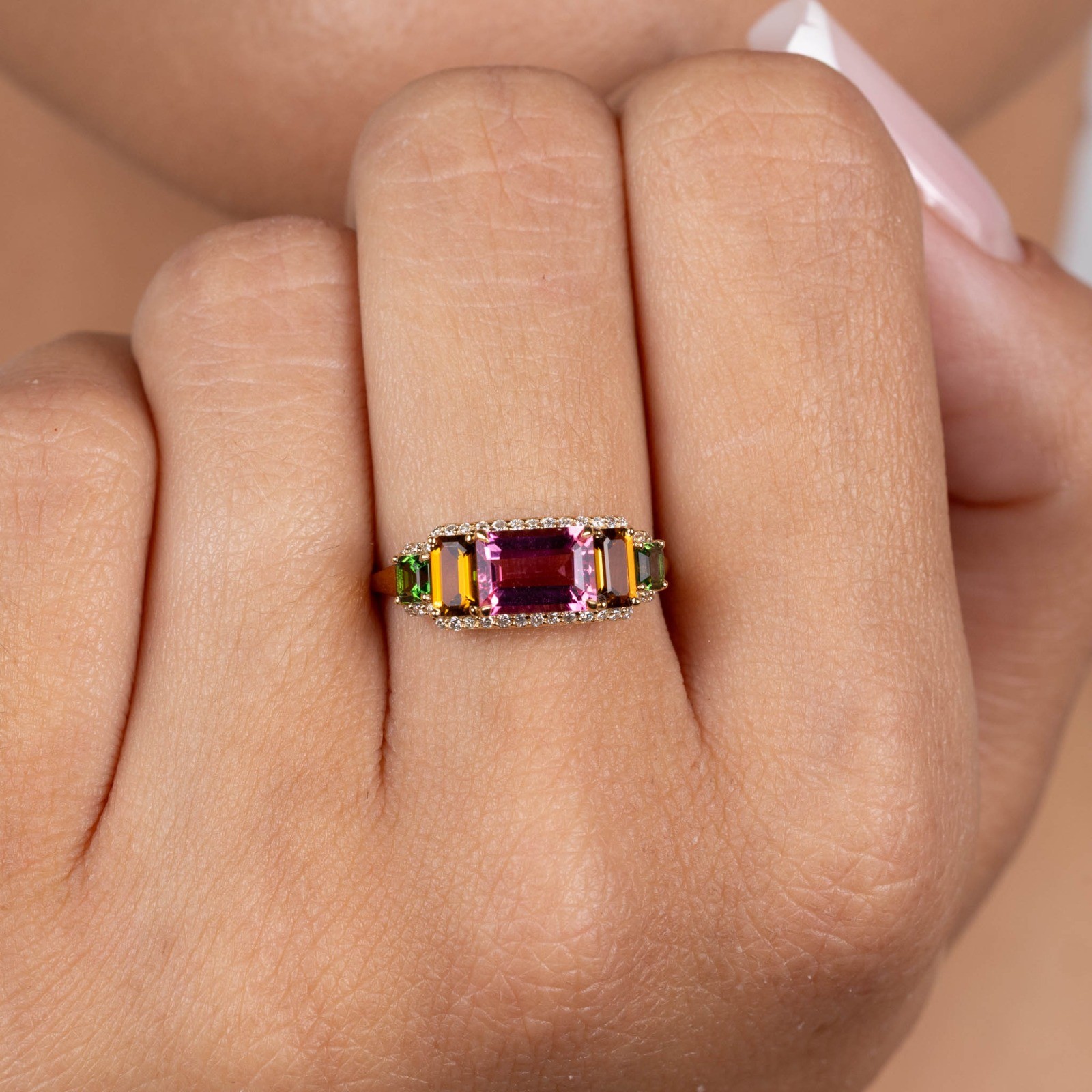  Inel Aur Galben 18K, Turmalina Roz 1.13 Ct, Turmalina Orange 0.50 Ct, Turmalina Verde 0.29 Ct, Diamante 0.14 Ct 2