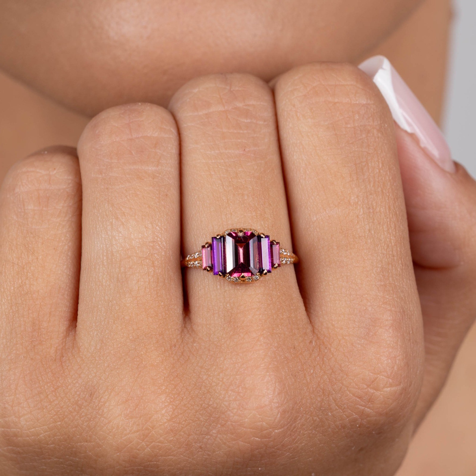  Inel Aur Roz 18K, Turmalina Roz 0.83 Ct, Ametist 0.36 Ct, Turmalina Roz 0.23 Ct, Diamante 0.12 Ct 2