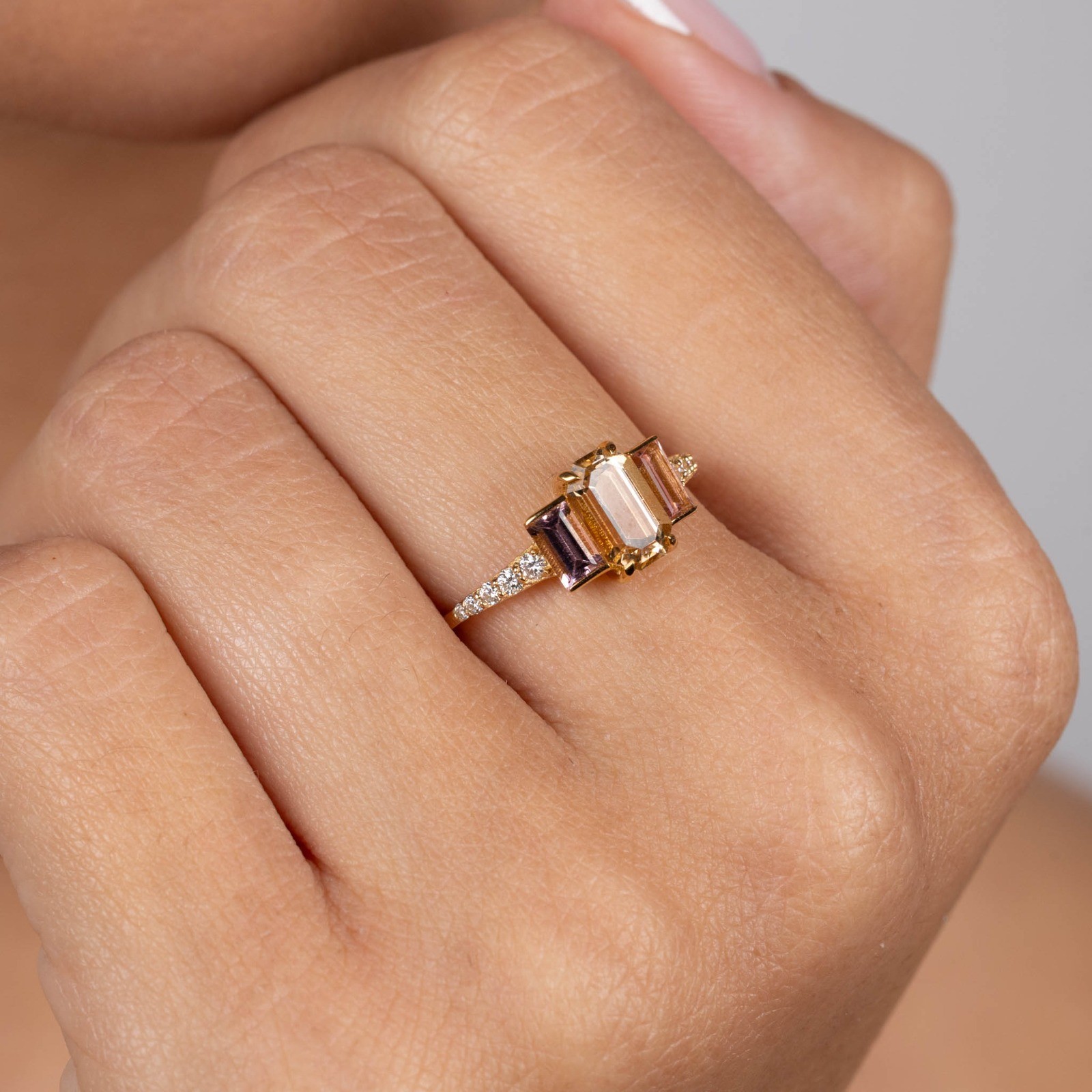  Inel Aur Galben 18K, Turmalina Galbena 1.13 Ct, Turmalina Roz 0.52 Ct, Diamante 0.14 Ct 2